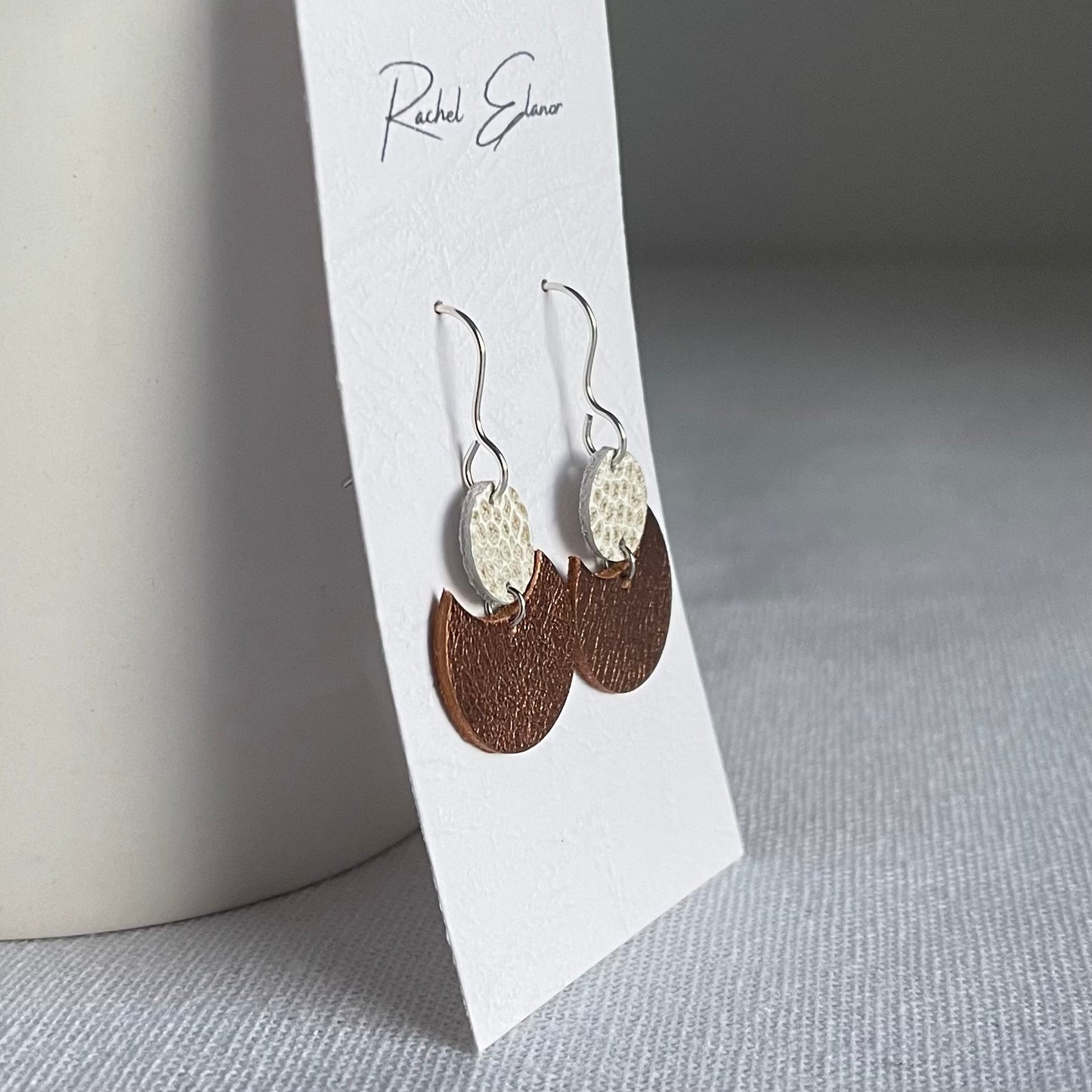 Metallic Bronze with White/Gold Geometric Leather Drop Earrings