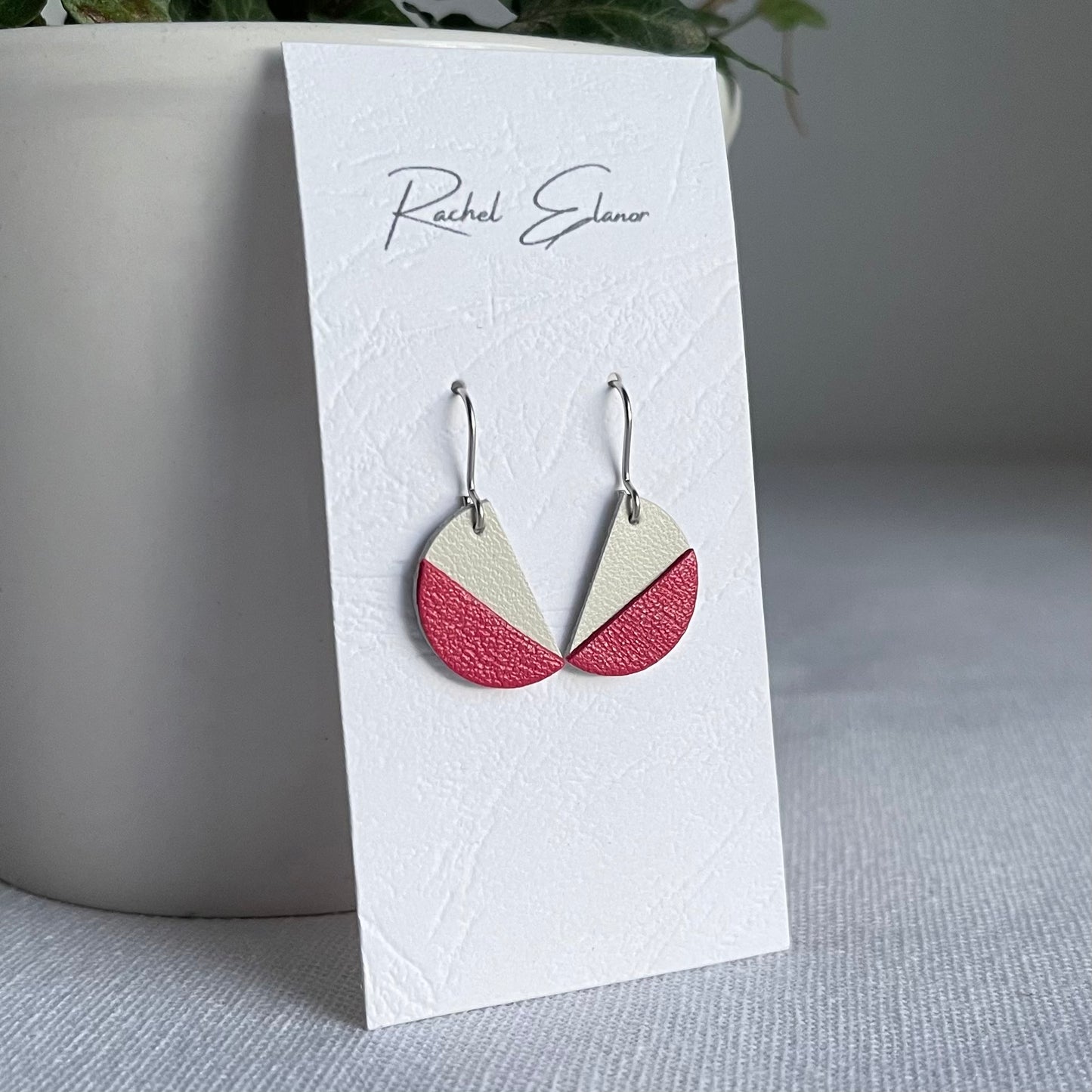 Pink/White Leather Semi Circle Drop Earrings