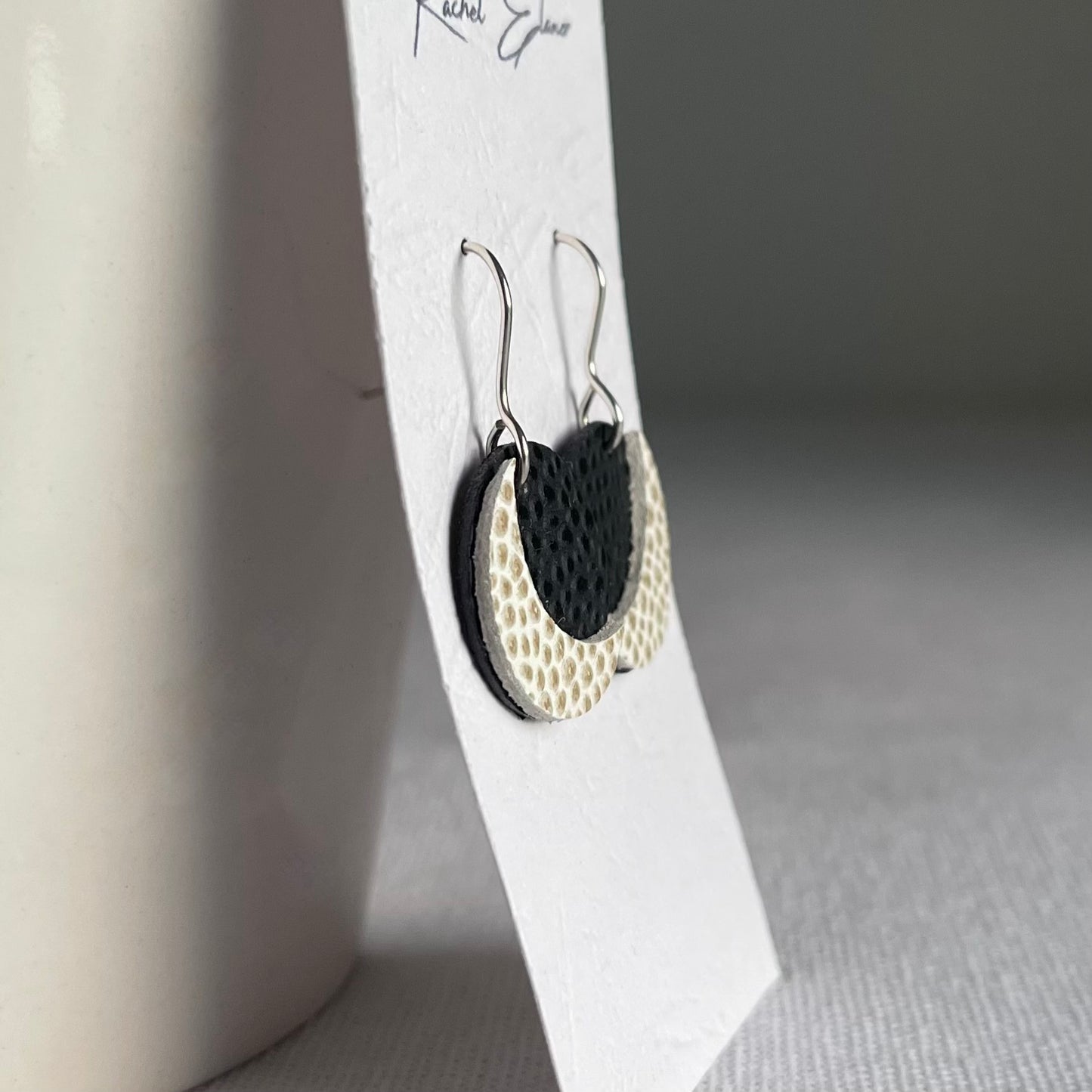 Navy Moon Leather Drop Earrings