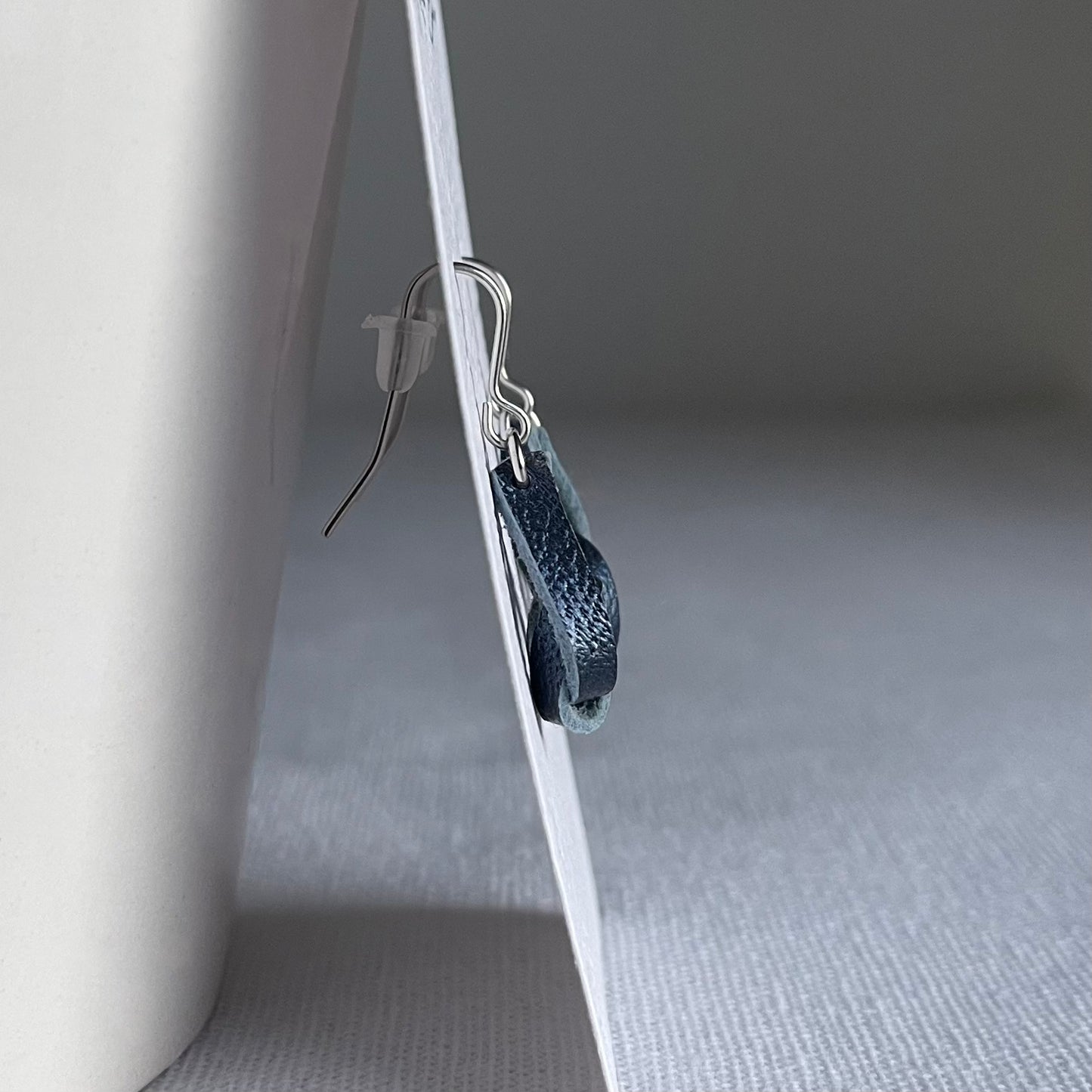 Pearlescent Blue Knotted Leather Drop Earrings