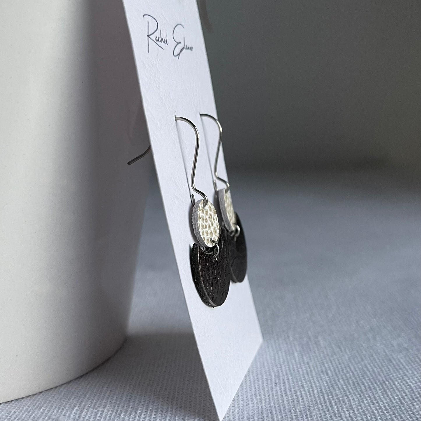 Metallic Pewter/White and Gold Geometric Leather Drop Earrings