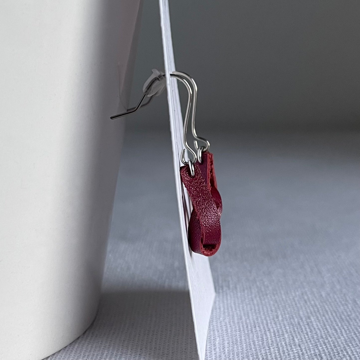 Burgundy Knotted Leather Drop Earrings