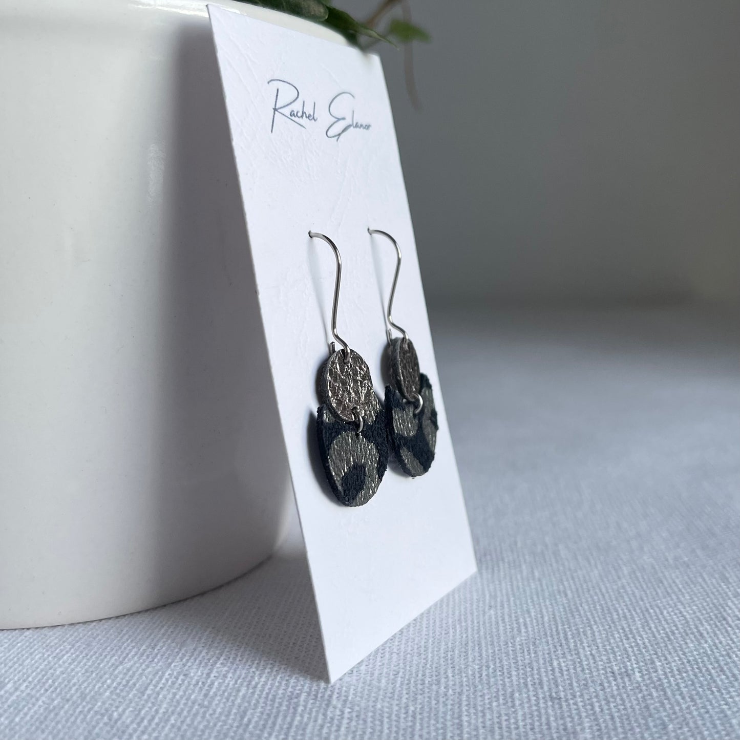 Navy/Silver Suede and Pewter Geometric Leather Drop Earrings