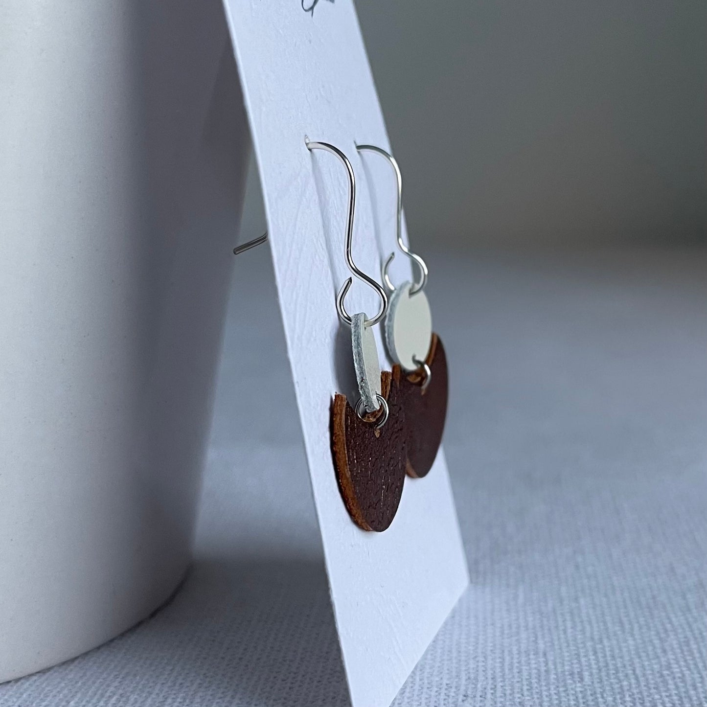 Metallic Bronze/White Geometric Leather Drop Earrings