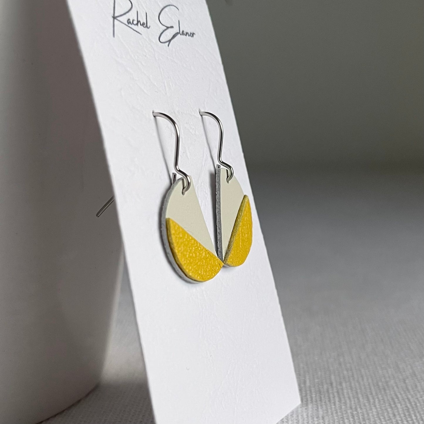 Yellow/White Leather Semi Circle Drop Earrings
