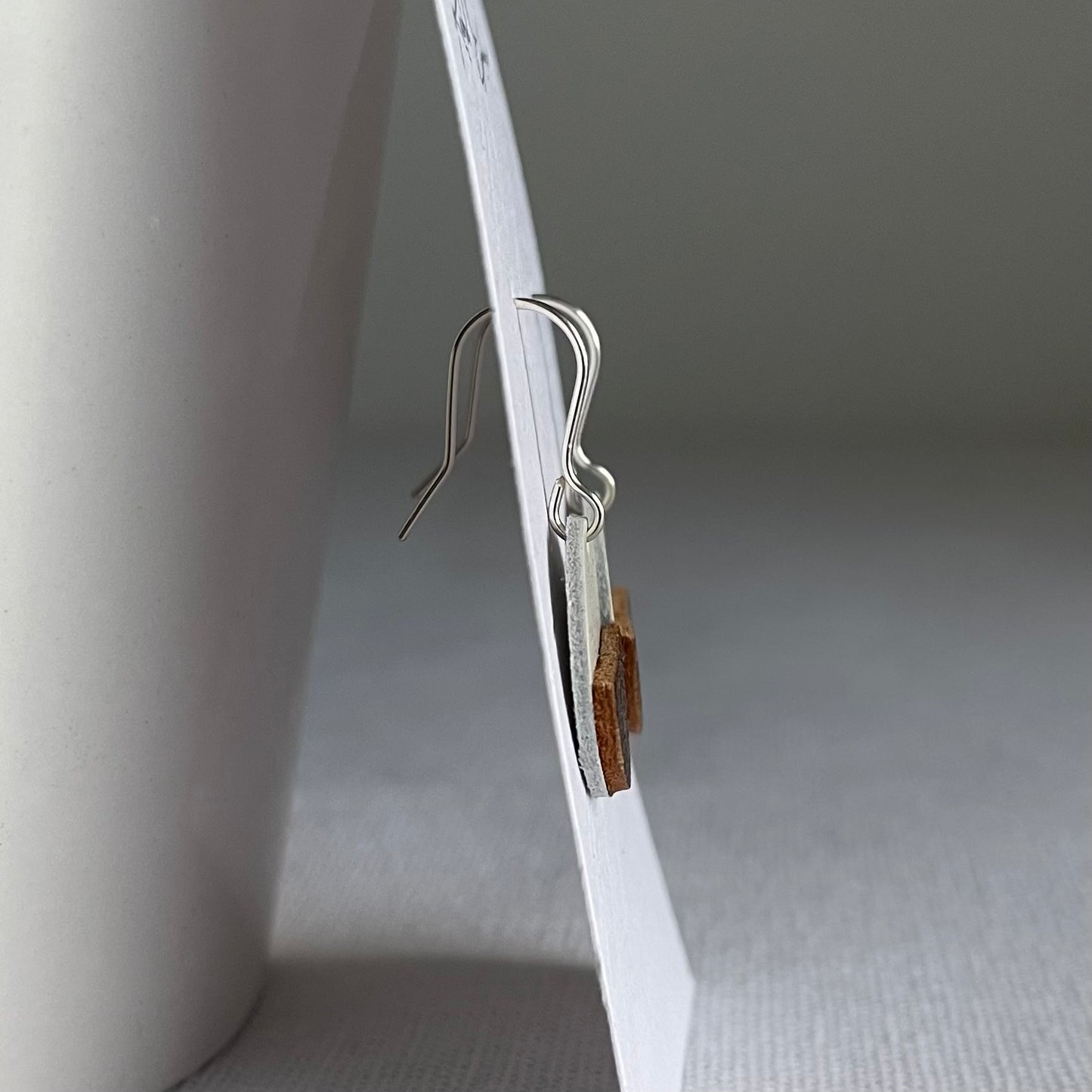 Cream/Metallic Bronze Geometric Leather Drop Earrings