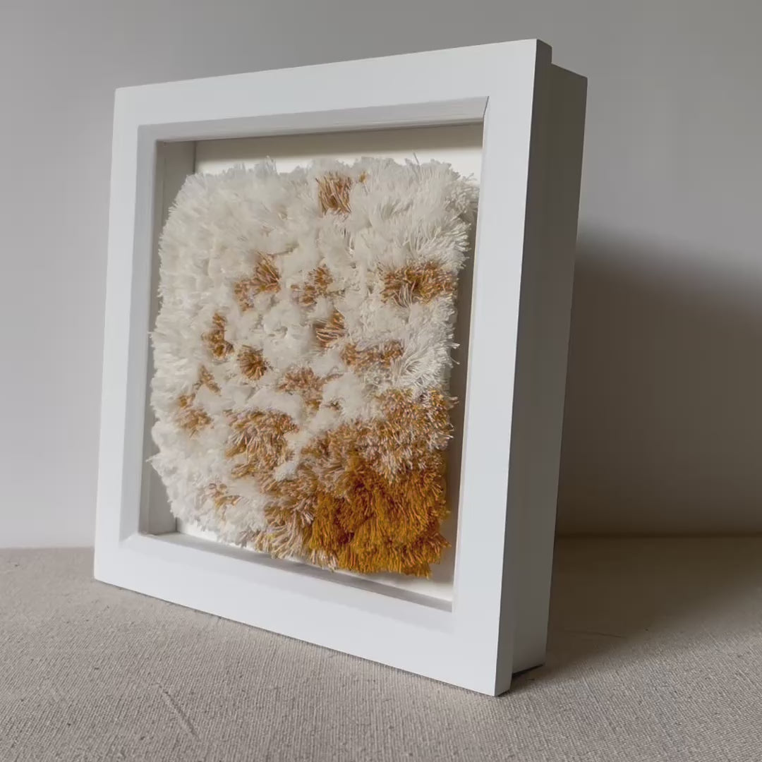 Video of cream and yellow ochre fluffy textured woven textile art in square white painted wood deep box frame