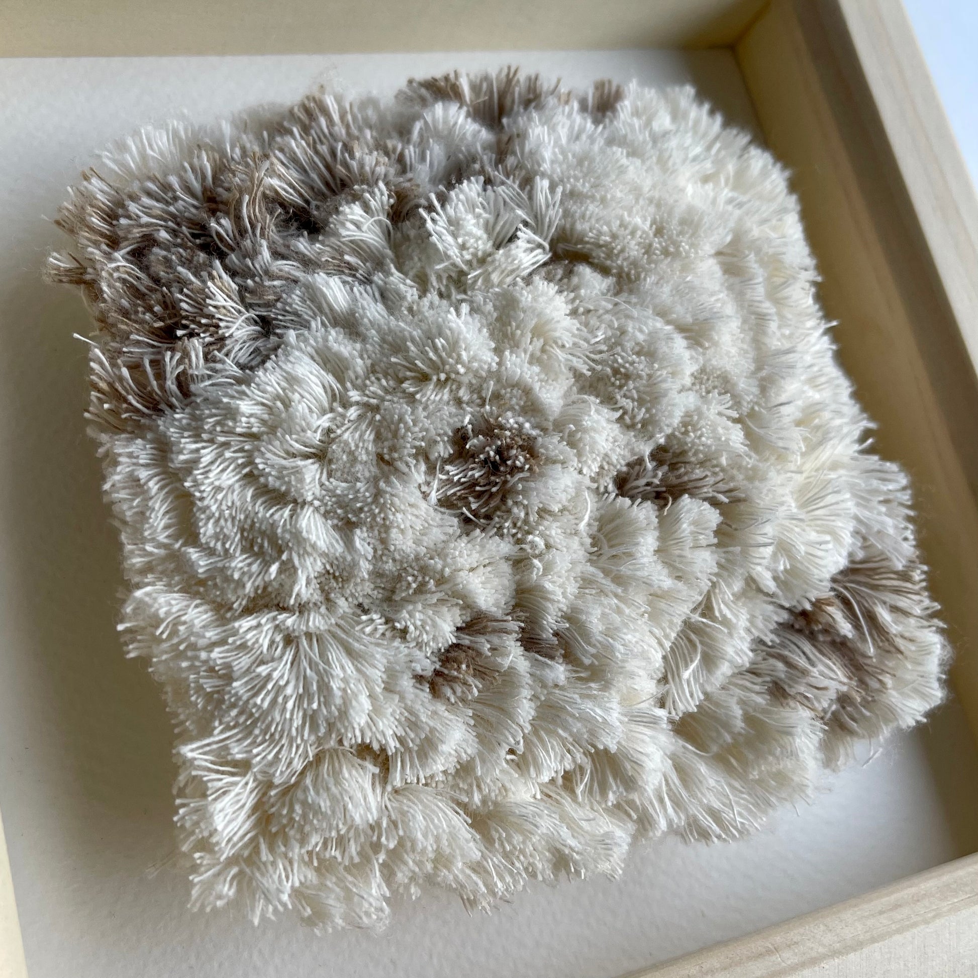 Close up detail of cream and beige fluffy textured woven textile art in square natural wood deep box frame