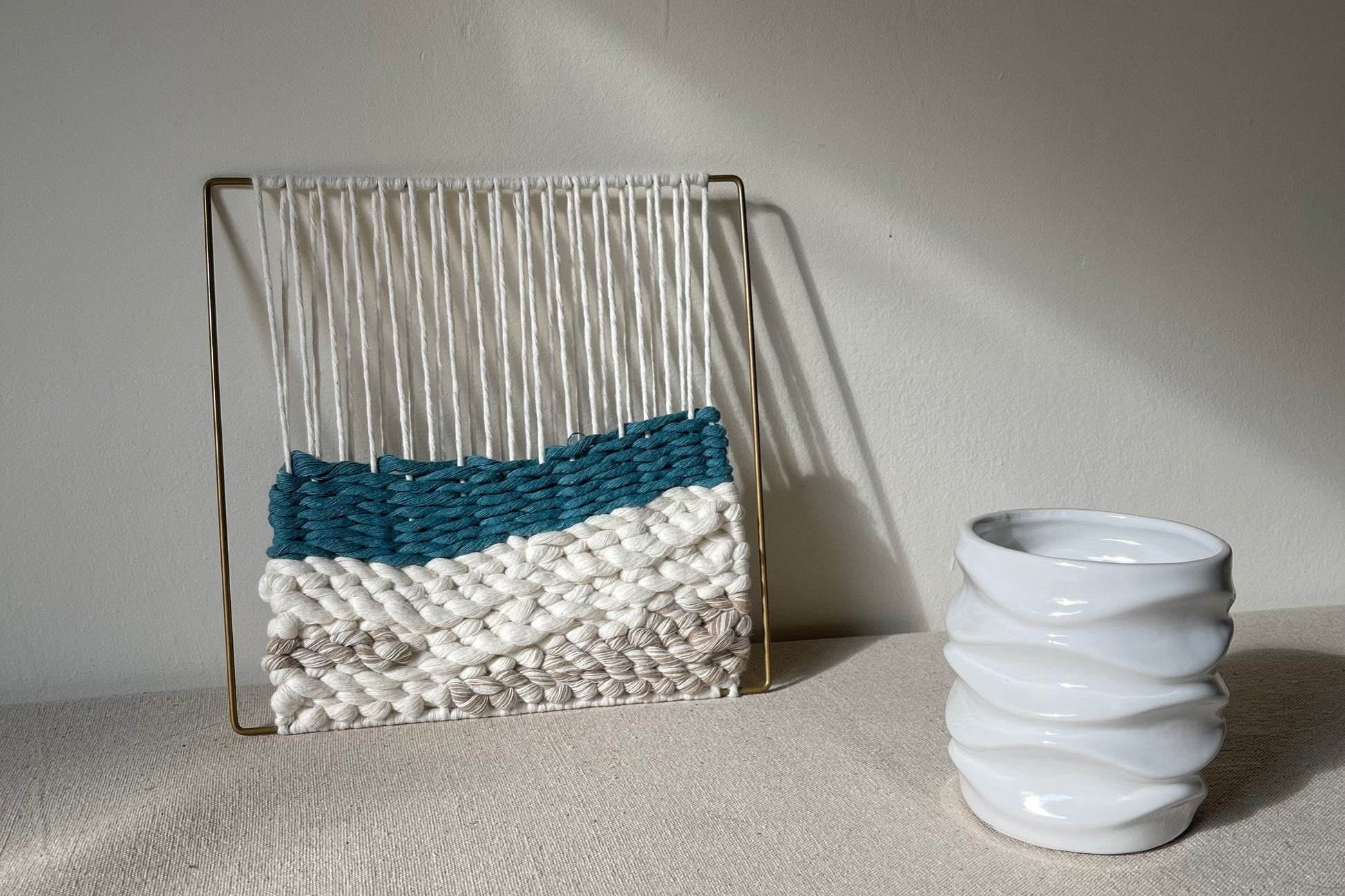 Square woven fibre art in coastal design