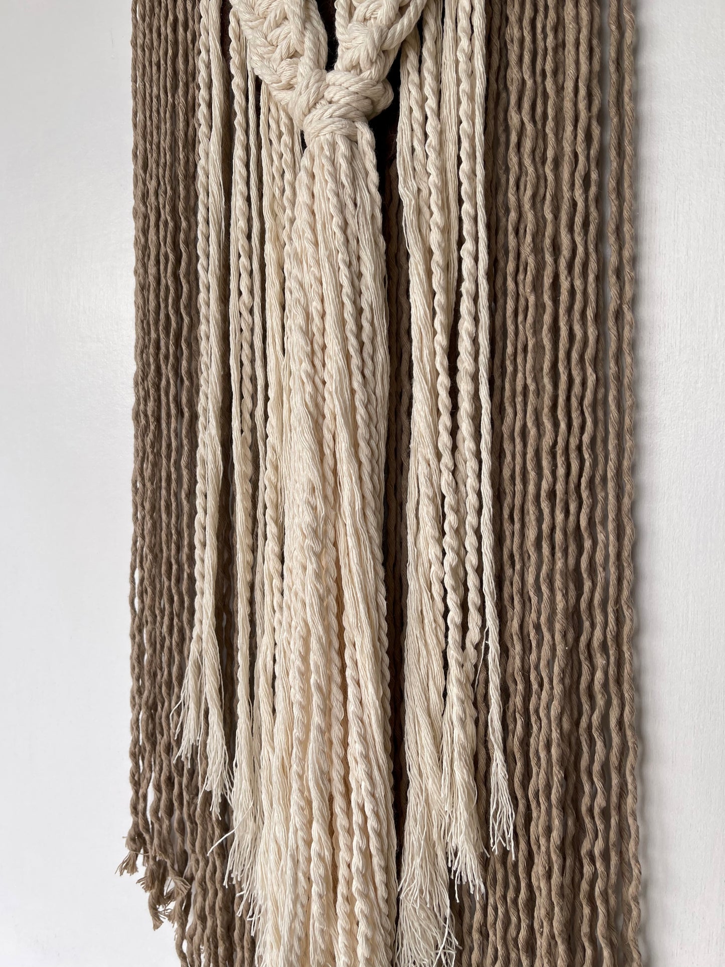 Boho macrame leather brown cream fibre art wall hanging