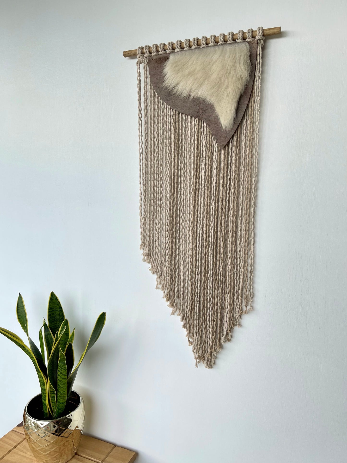 Handmade brown beige leather sheepskin cotton cord fibre art wall hanging