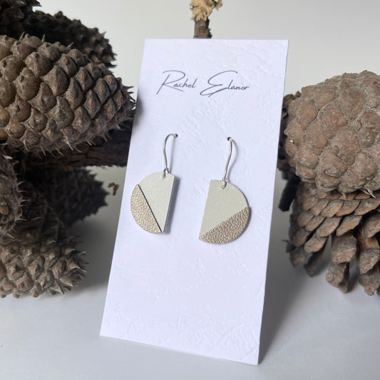 Gold and White Semi Circle Leather Earrings