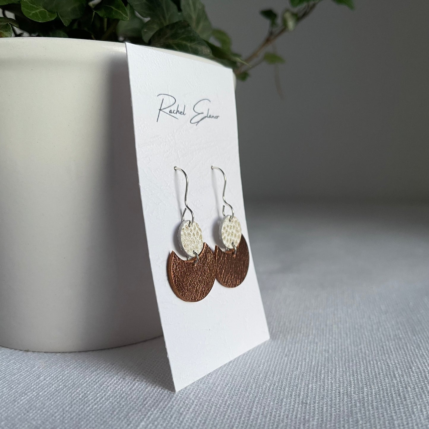 Metallic Bronze with White/Gold Geometric Leather Drop Earrings