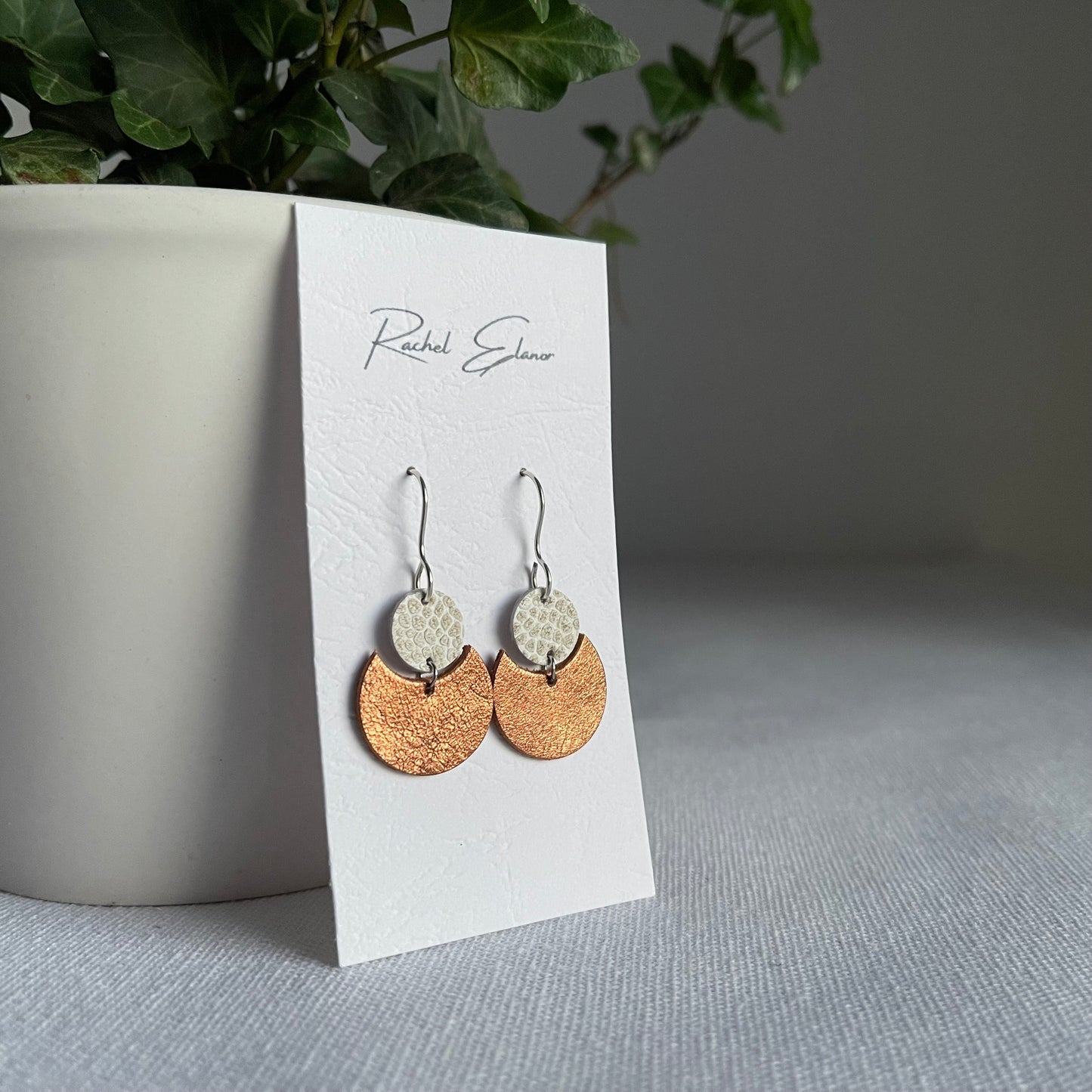 Metallic Bronze with White/Gold Geometric Leather Drop Earrings