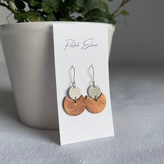 Metallic Bronze with White/Gold Geometric Leather Drop Earrings
