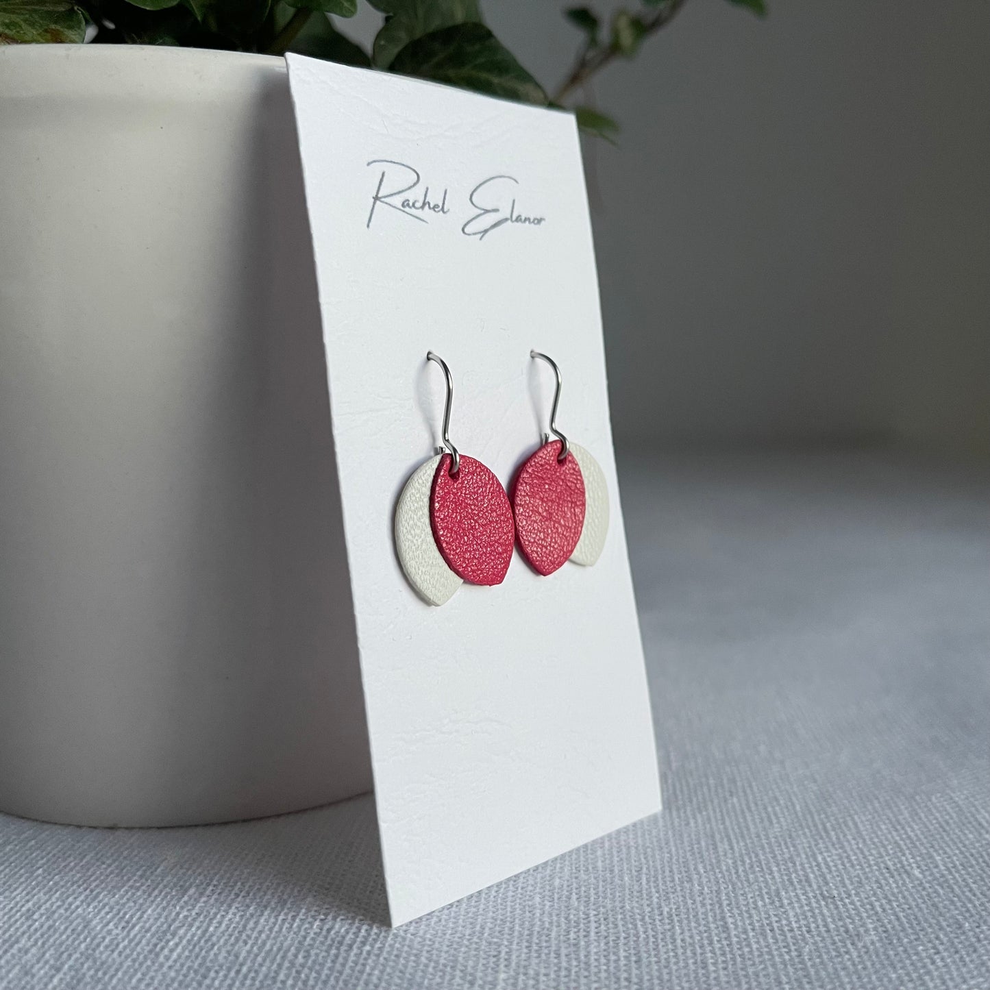 Pink/White Leather Petal Drop Earrings