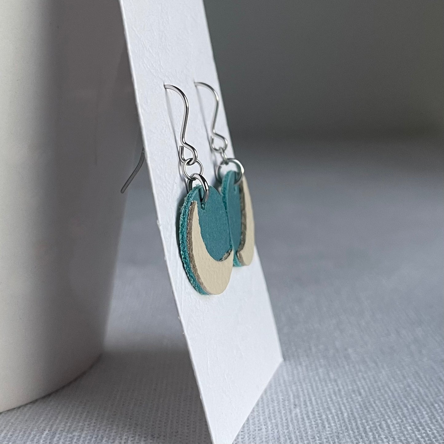 Blue/Cream Moon Leather Drop Earrings