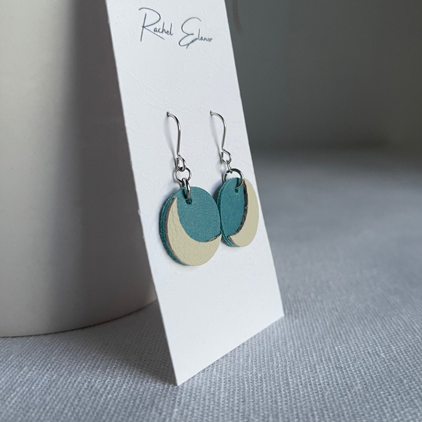 Blue/Cream Moon Leather Drop Earrings