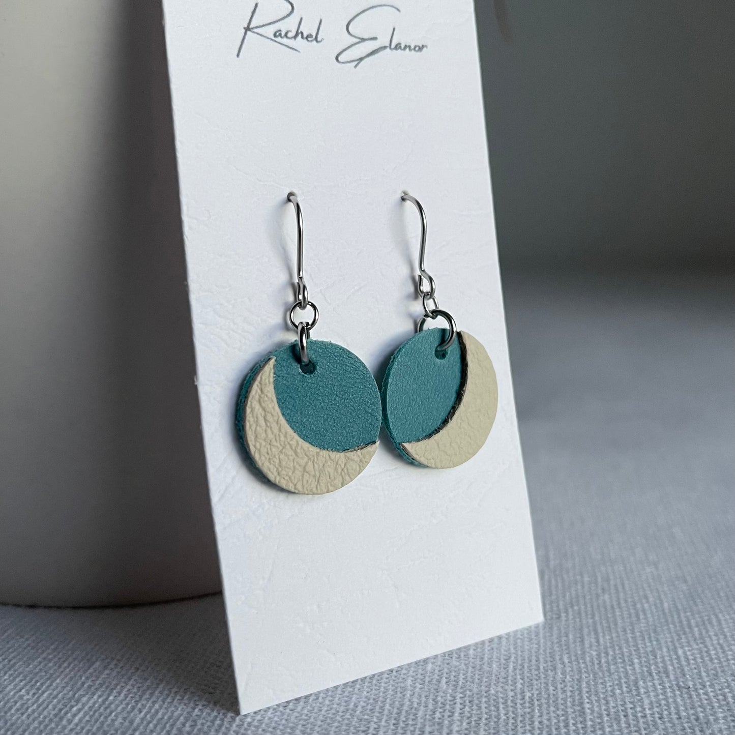 Blue/Cream Moon Leather Drop Earrings