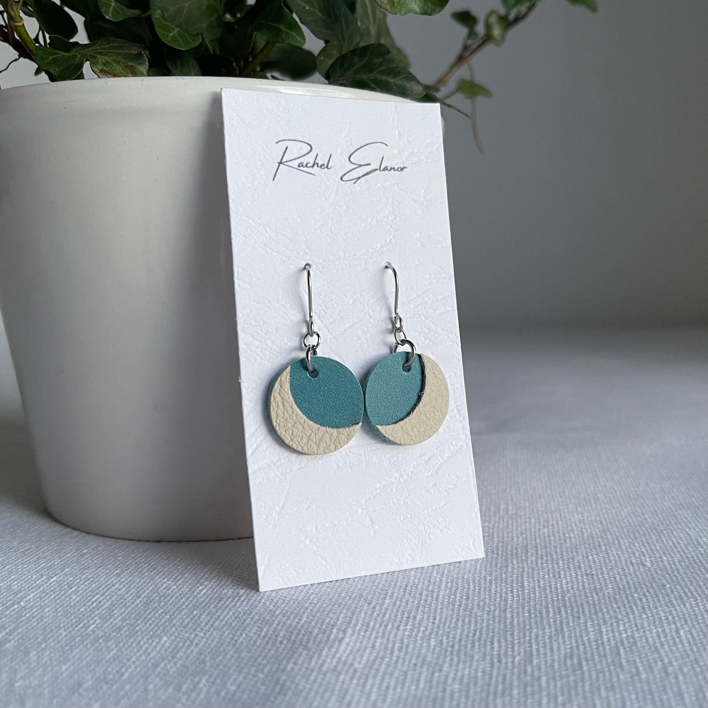 Blue/Cream Moon Leather Drop Earrings