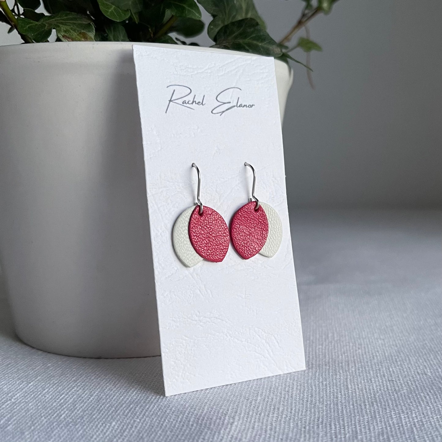 Pink/White Leather Petal Drop Earrings