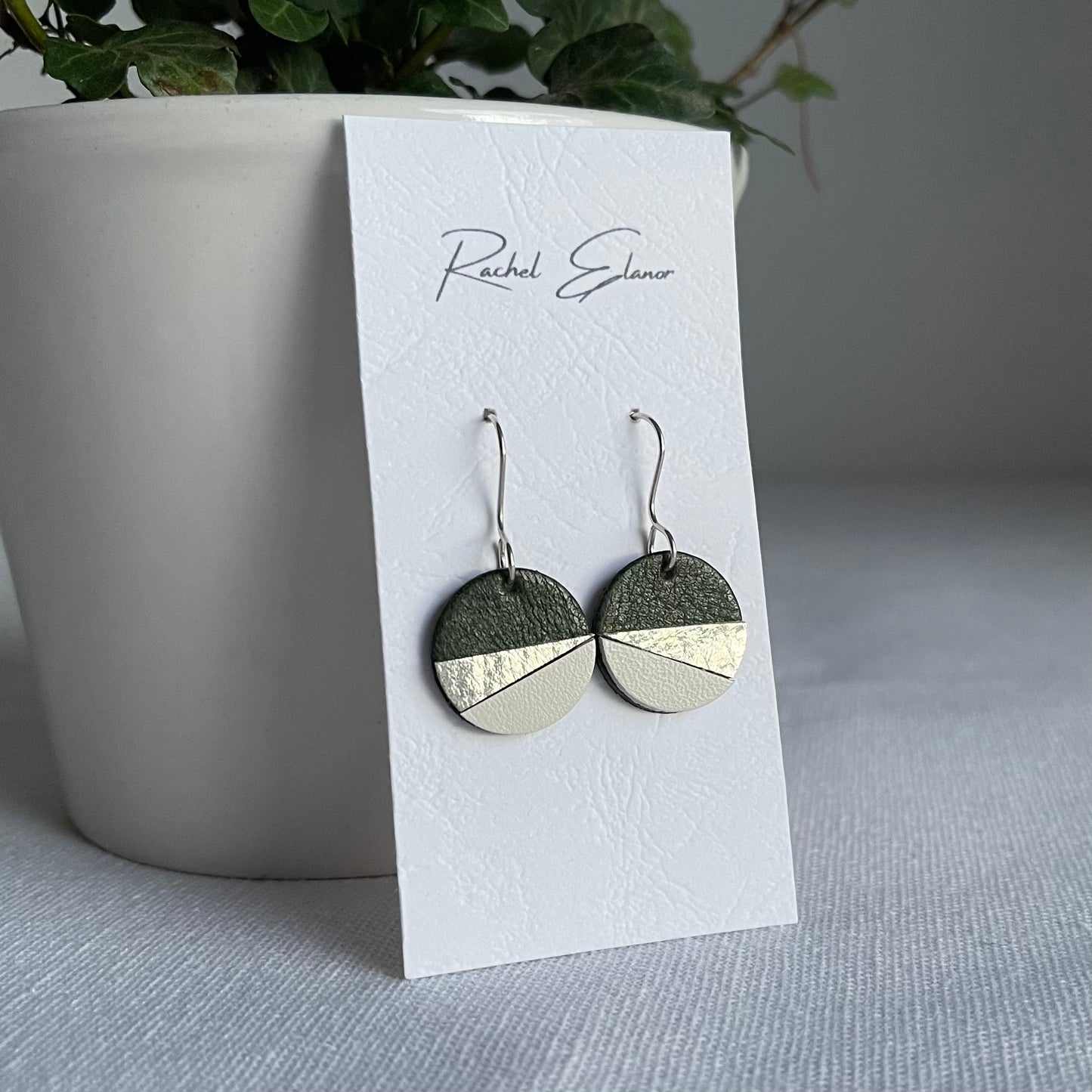Green/Silver/White Geometric Leather Drop Earrings