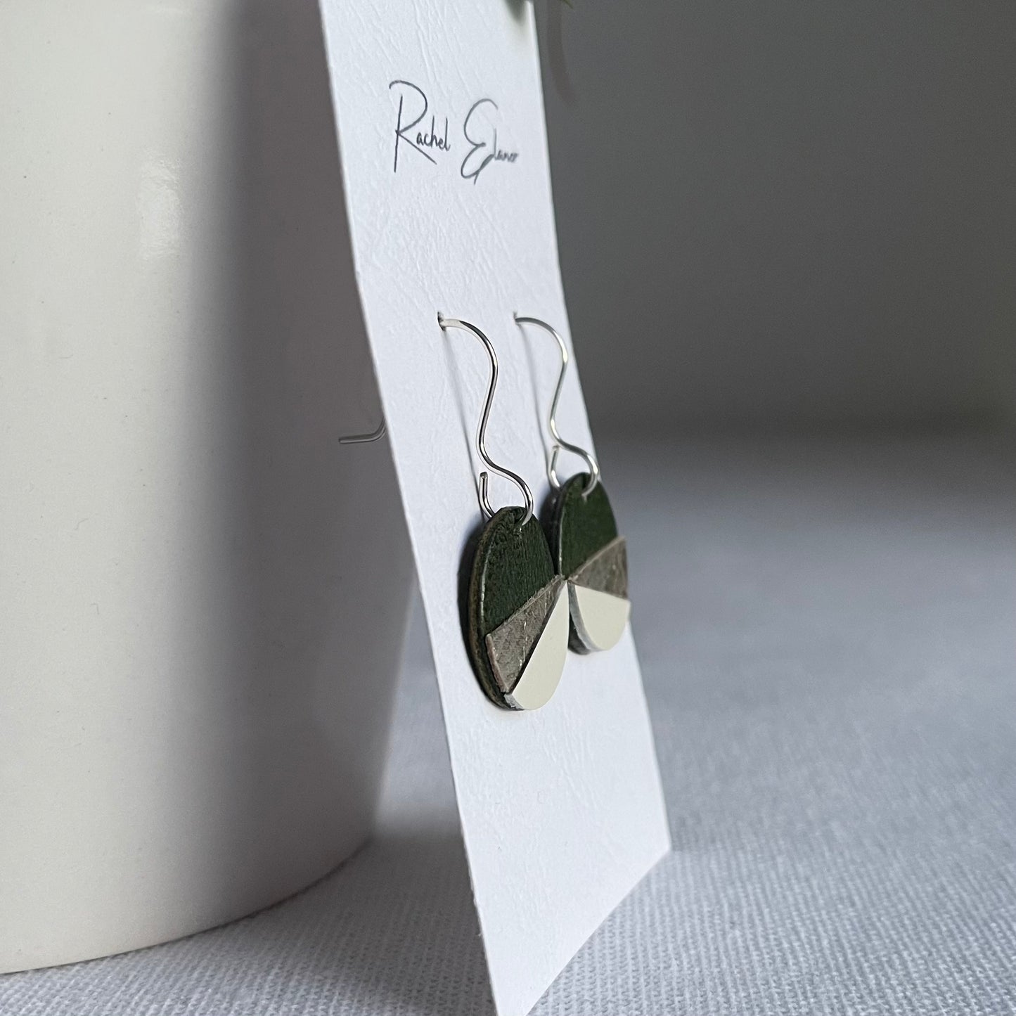 Green/Silver/White Geometric Leather Drop Earrings