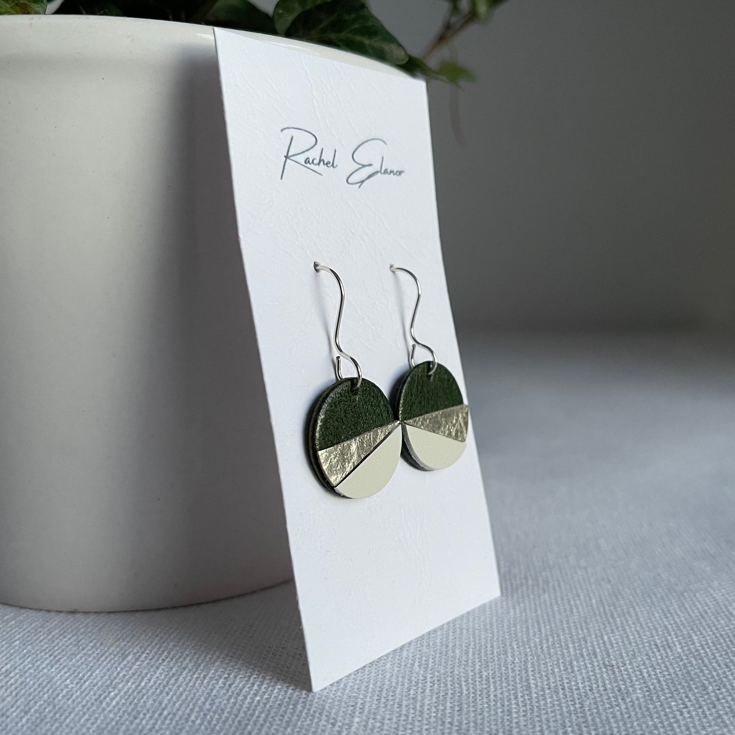 Green/Silver/White Geometric Leather Drop Earrings