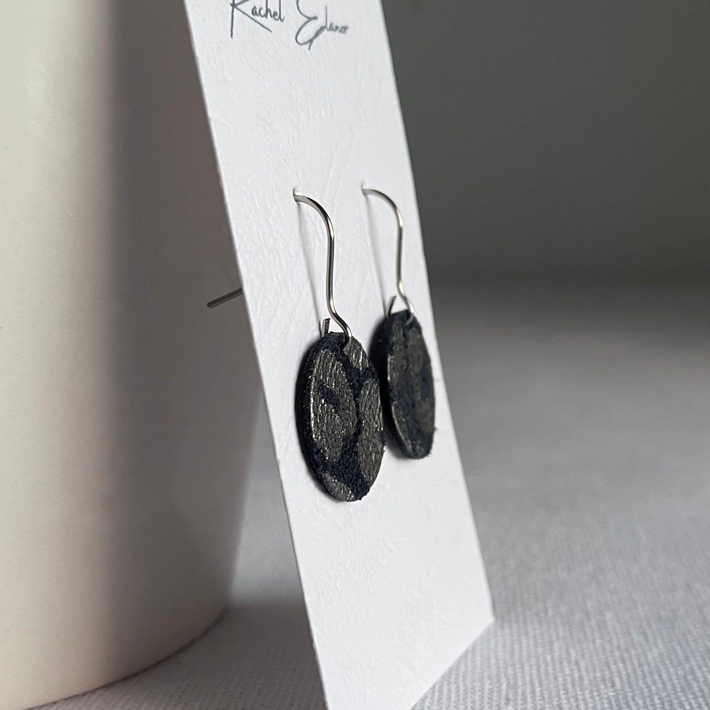 Patterned Navy/Silver Suede Leather Drop Earrings