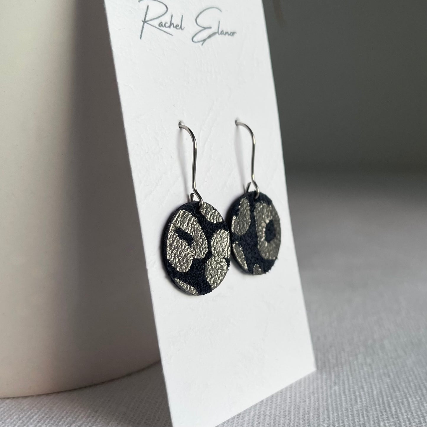 Patterned Navy/Silver Suede Leather Drop Earrings