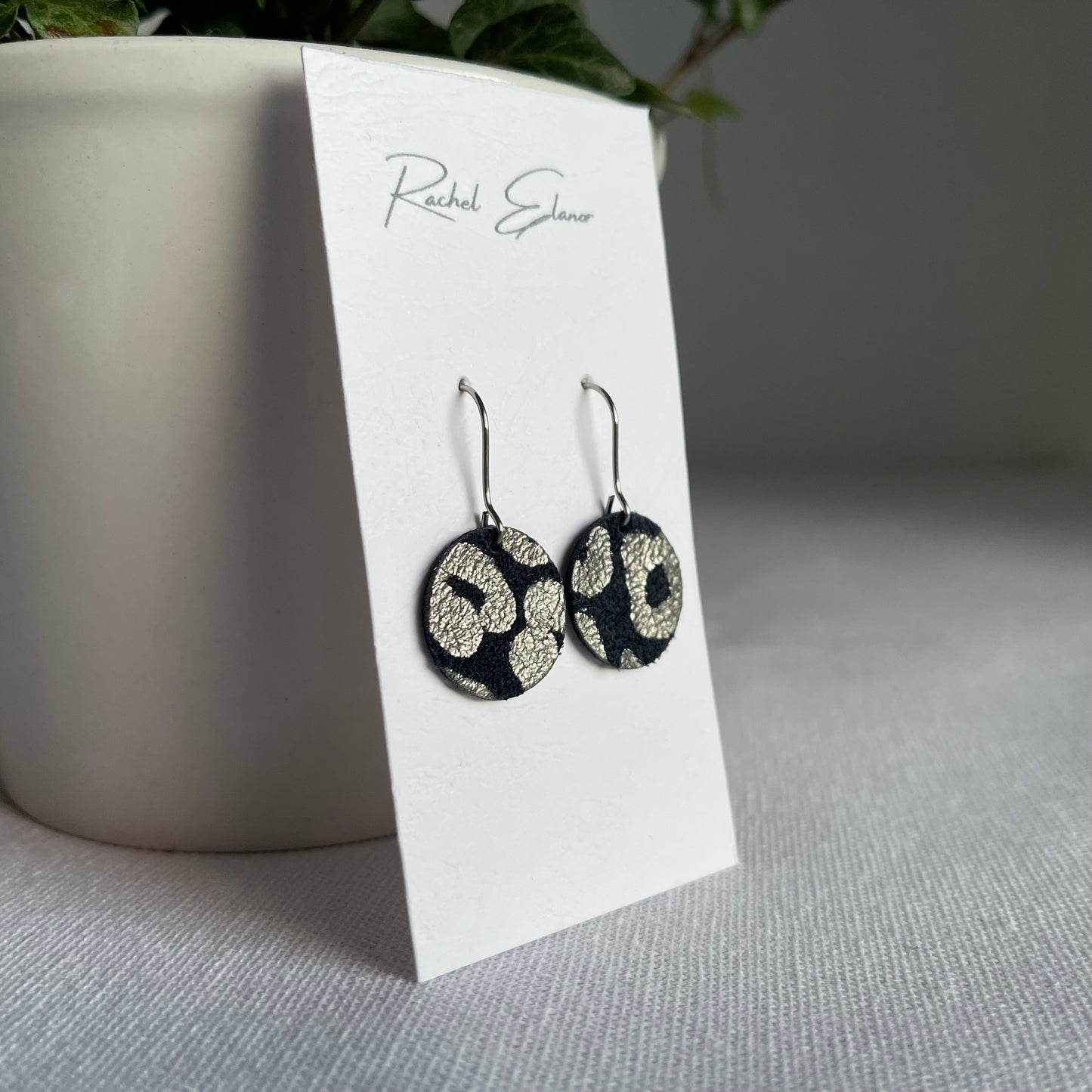 Patterned Navy/Silver Suede Leather Drop Earrings