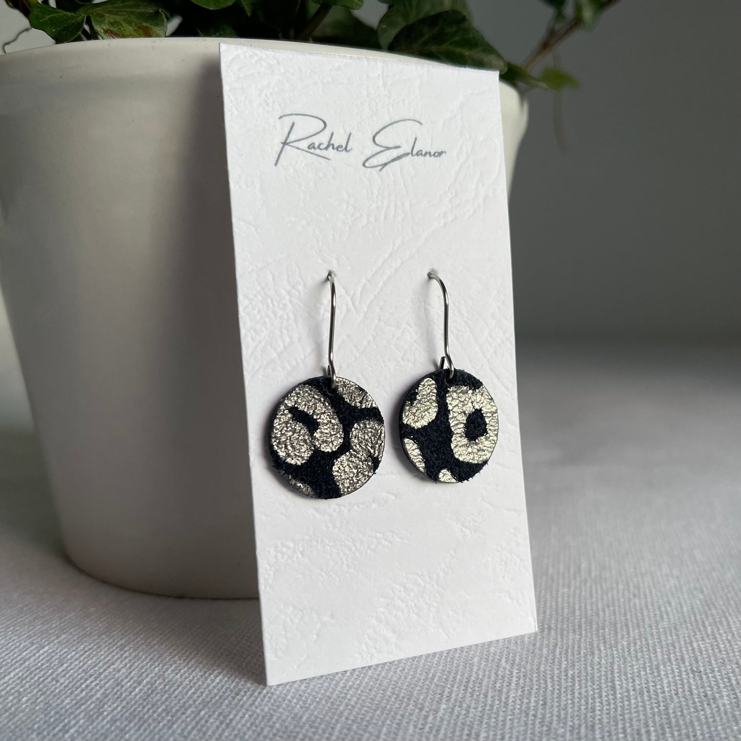 Patterned Navy/Silver Suede Leather Drop Earrings