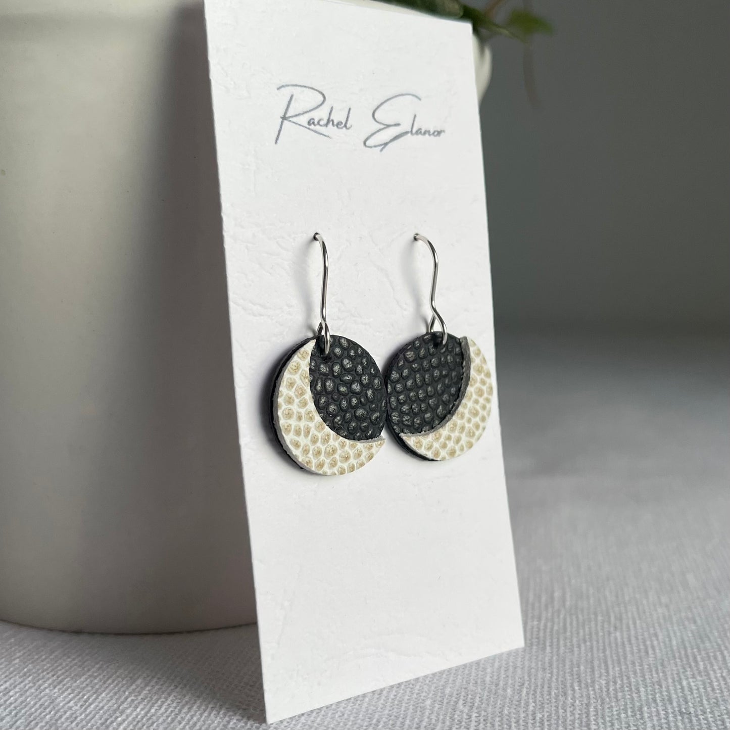 Navy Moon Leather Drop Earrings