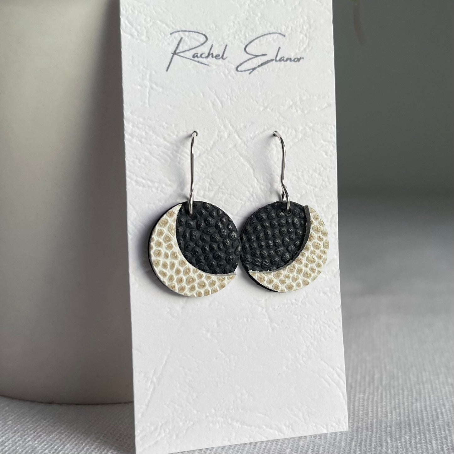 Navy Moon Leather Drop Earrings
