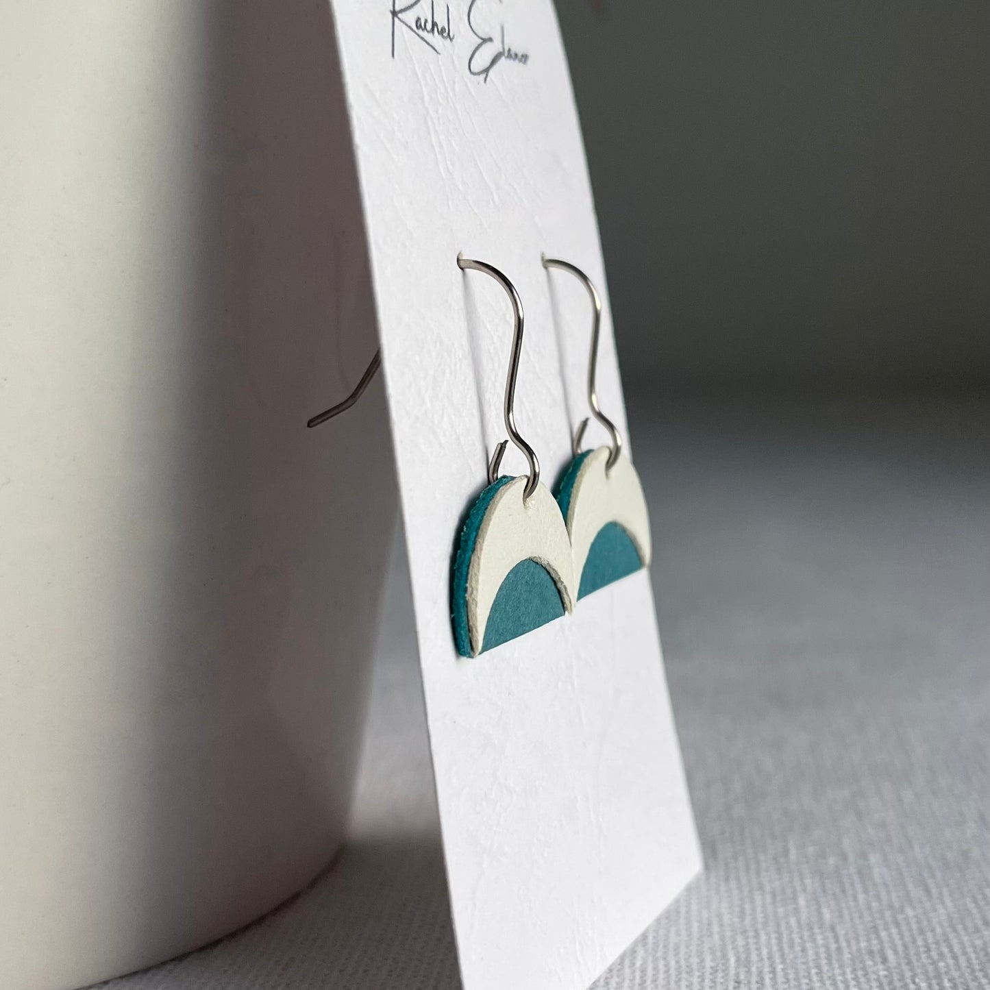 Blue/White Leather Crescent Drop Earrings