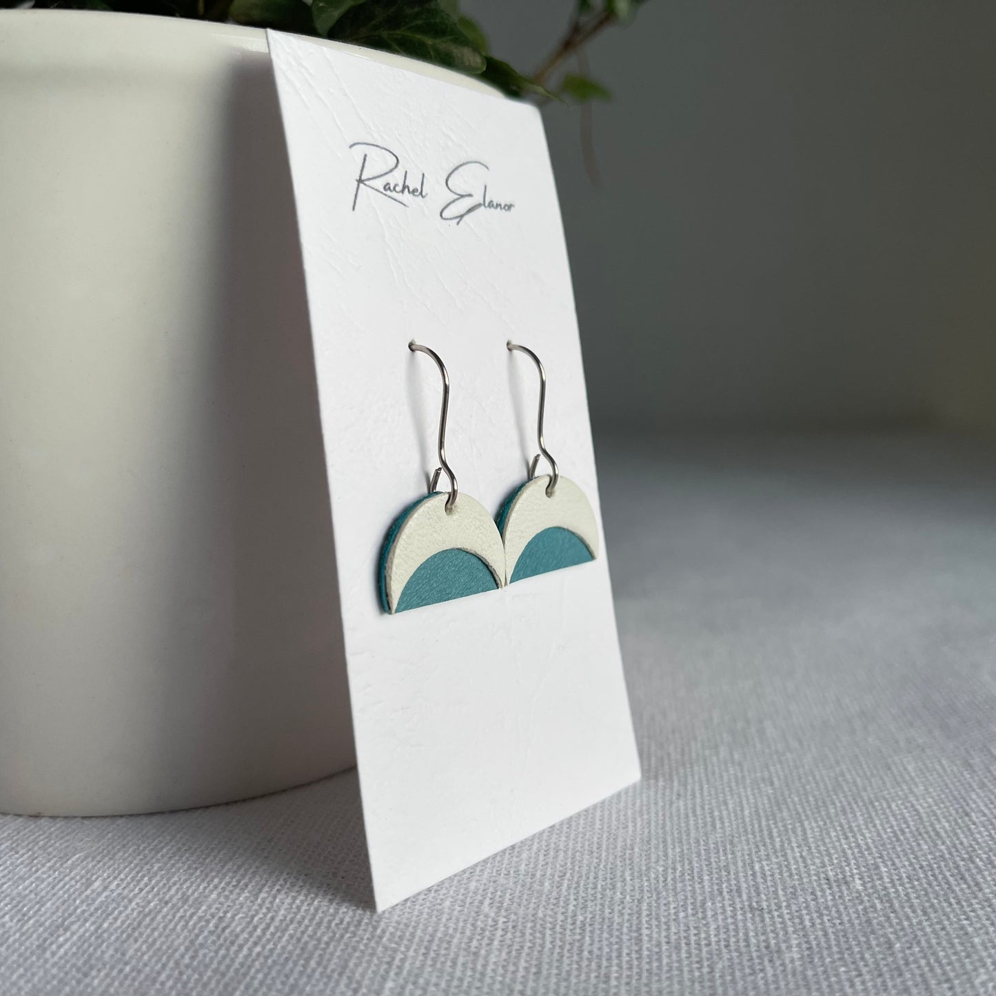 Blue/White Leather Crescent Drop Earrings