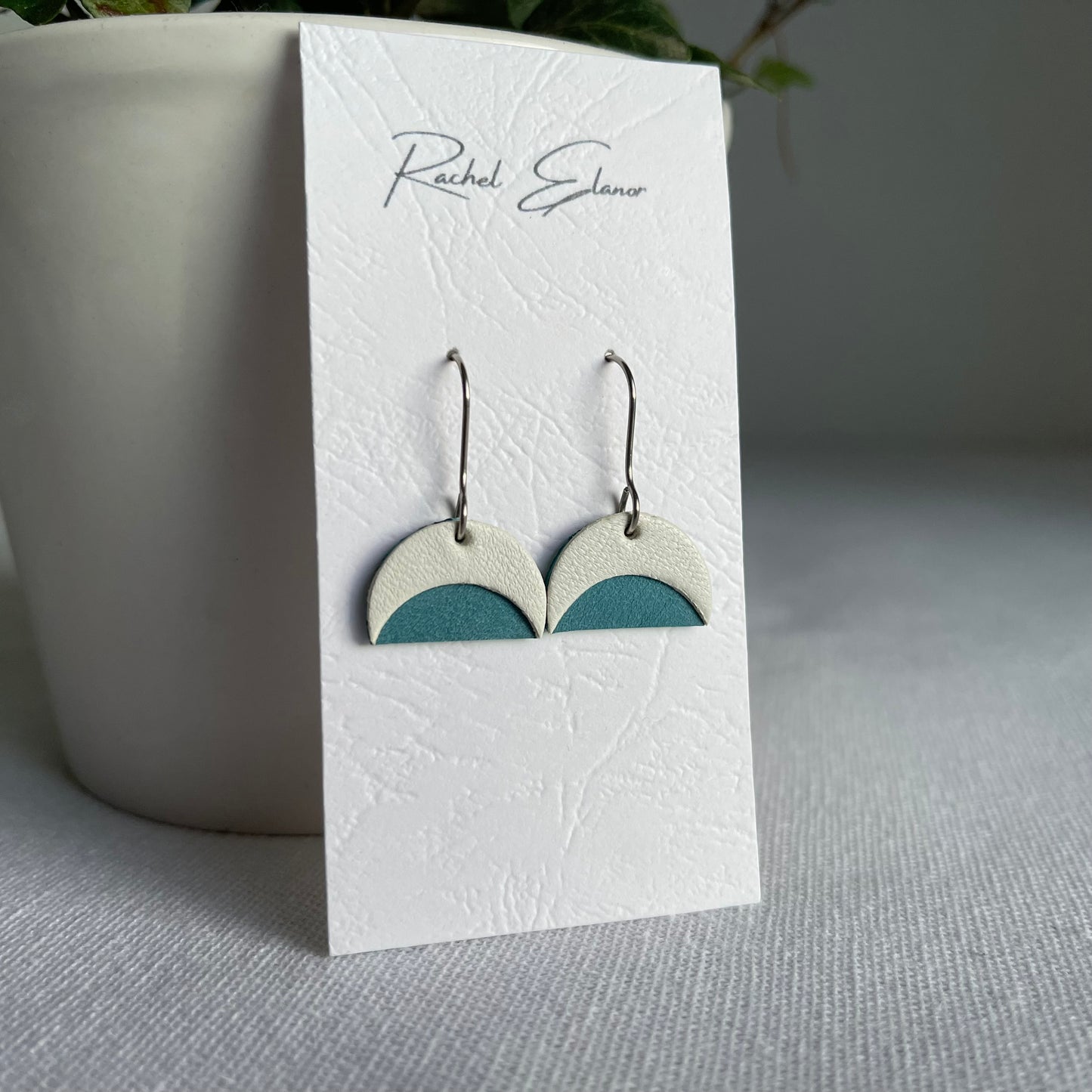 Blue/White Leather Crescent Drop Earrings