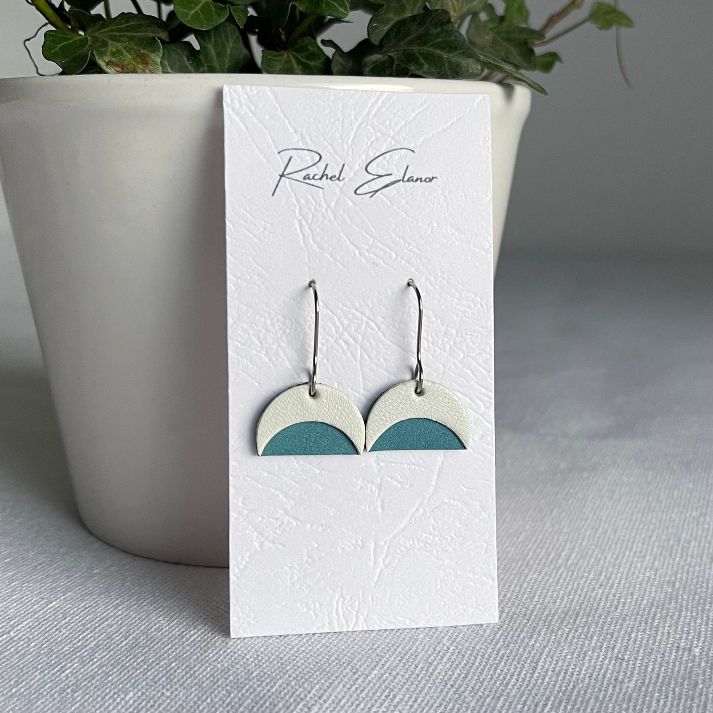 Blue/White Leather Crescent Drop Earrings