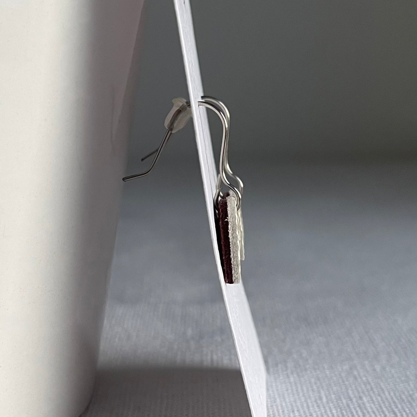 Wine Red/White Leather Crescent Drop Earrings