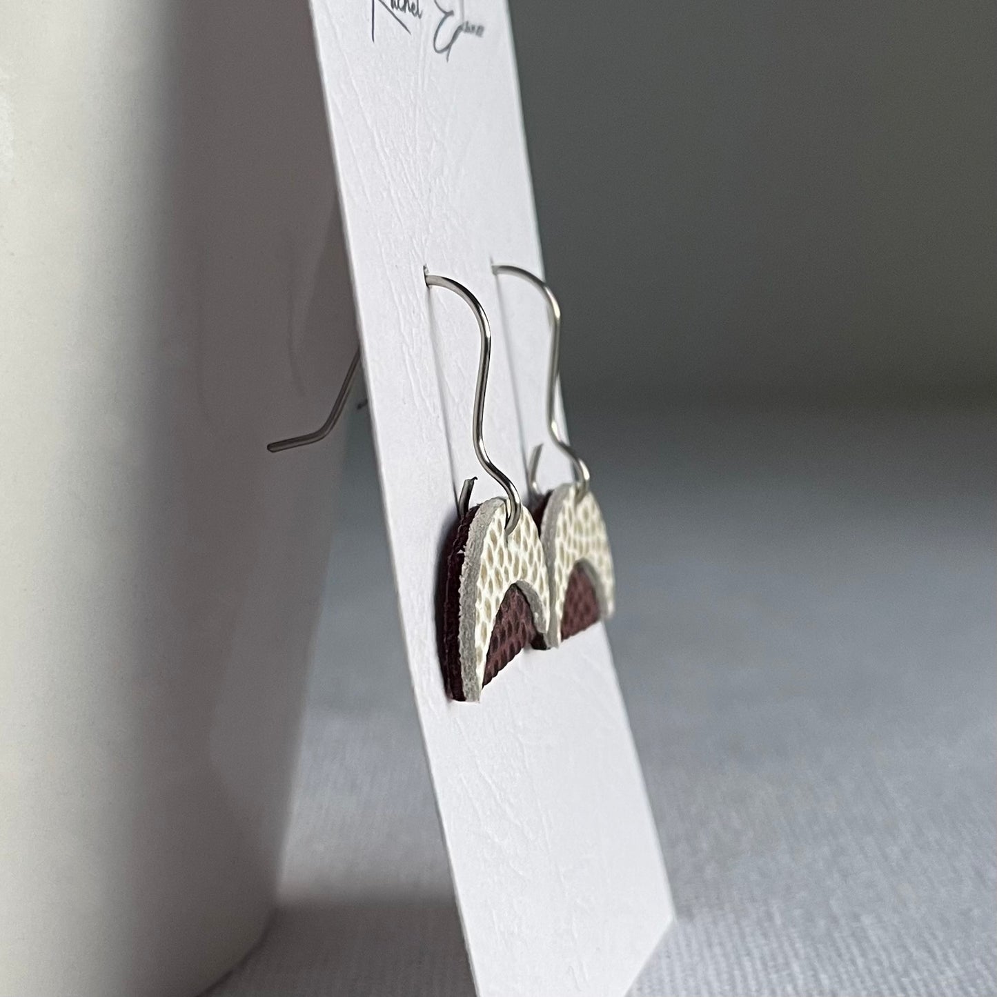 Wine Red/White Leather Crescent Drop Earrings