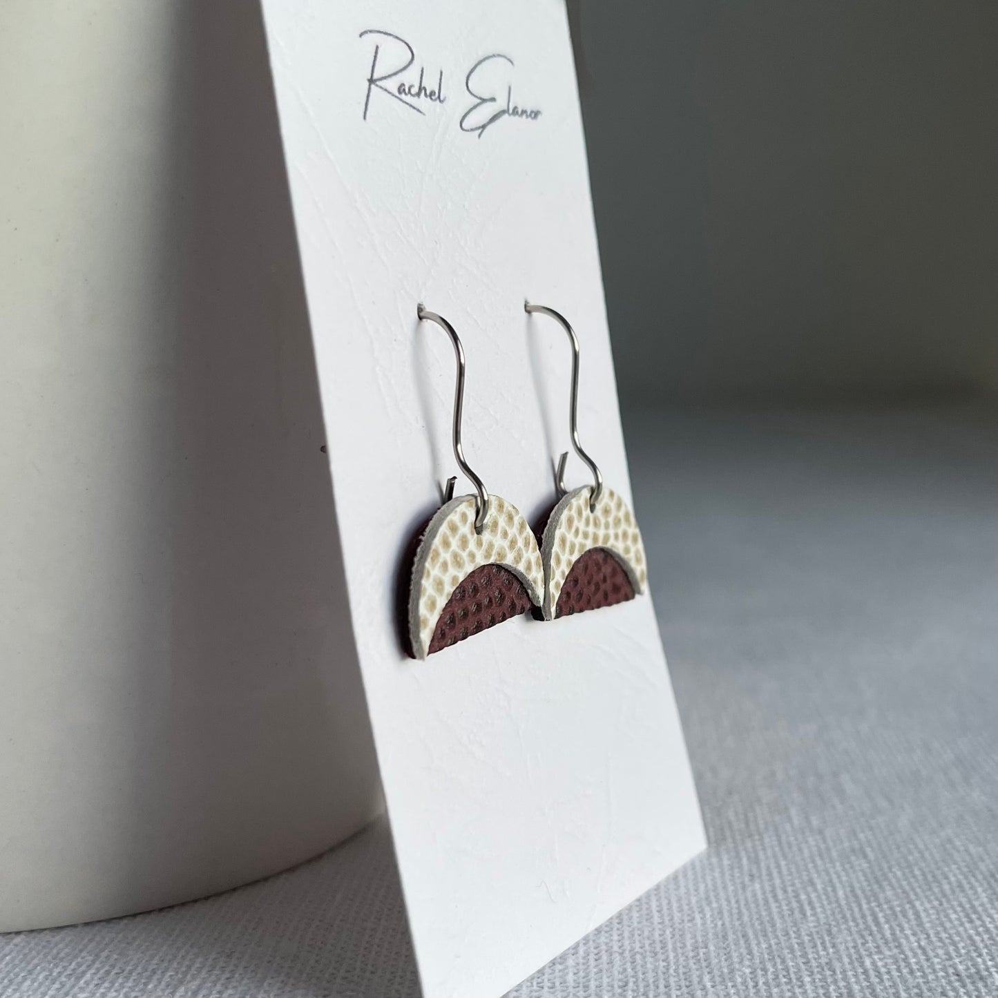 Wine Red/White Leather Crescent Drop Earrings