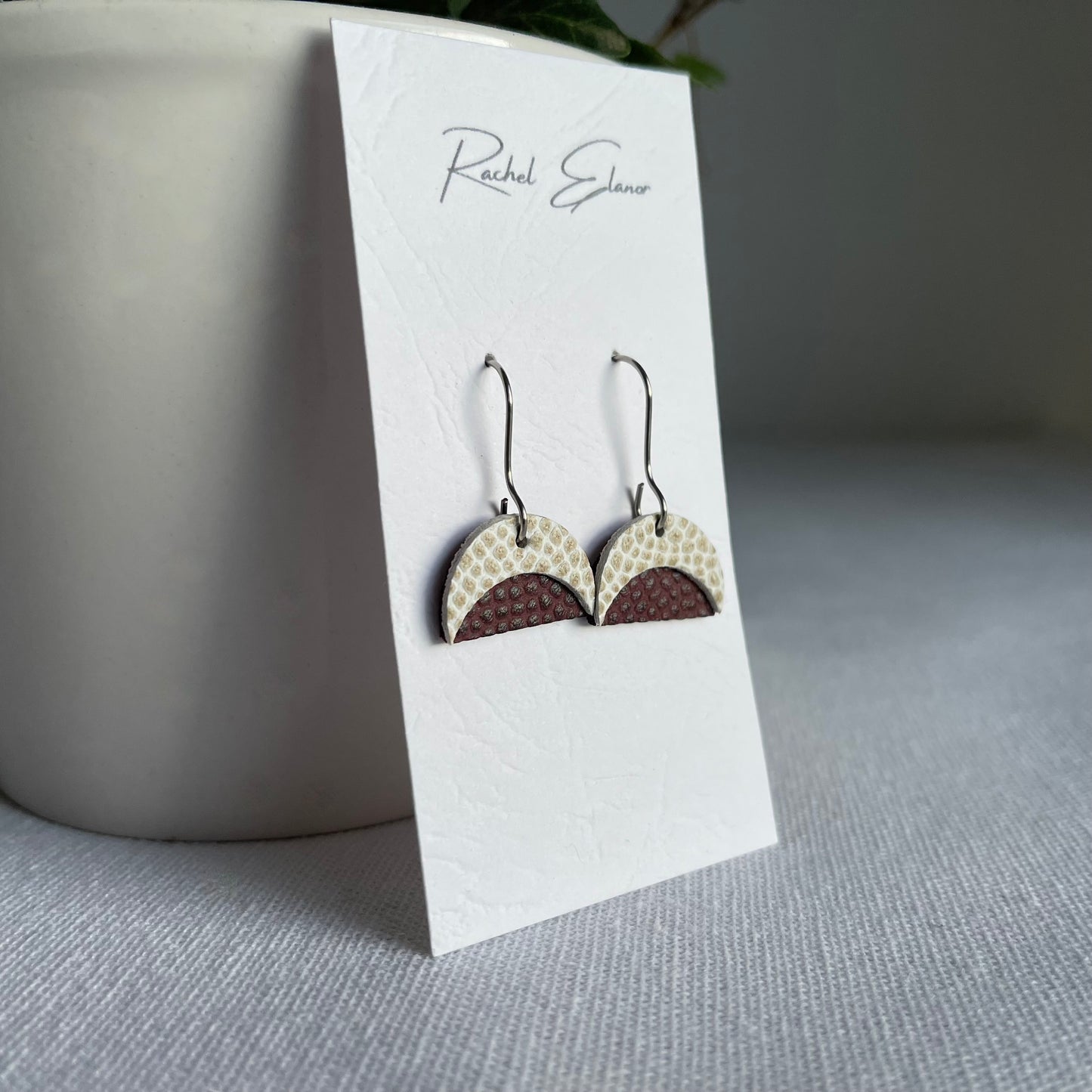 Wine Red/White Leather Crescent Drop Earrings
