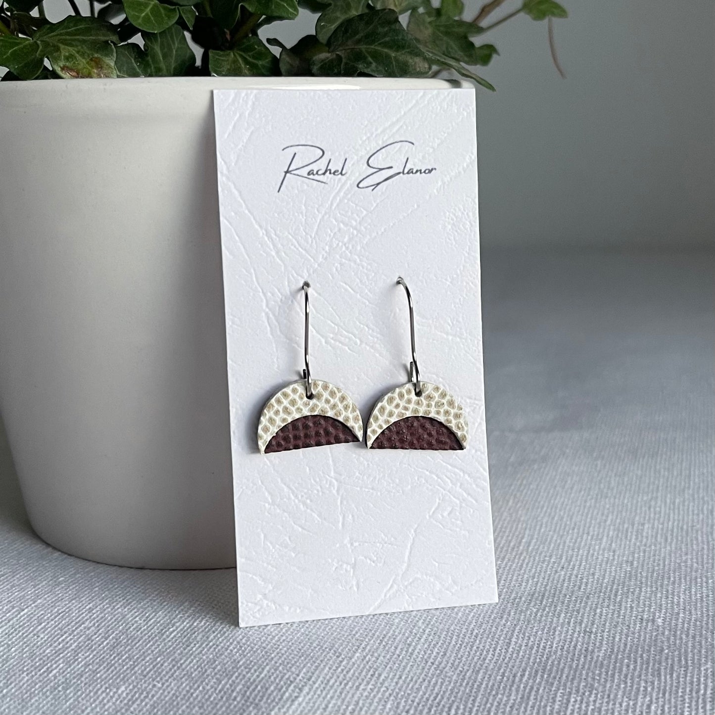 Wine Red/White Leather Crescent Drop Earrings