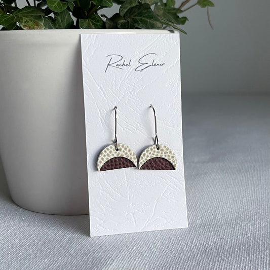 Wine Red/White Leather Crescent Drop Earrings