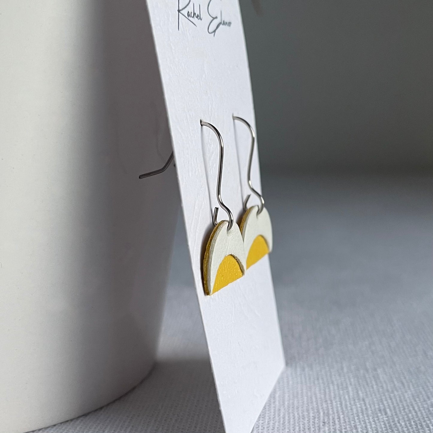 Yellow/White Leather Crescent Drop Earrings