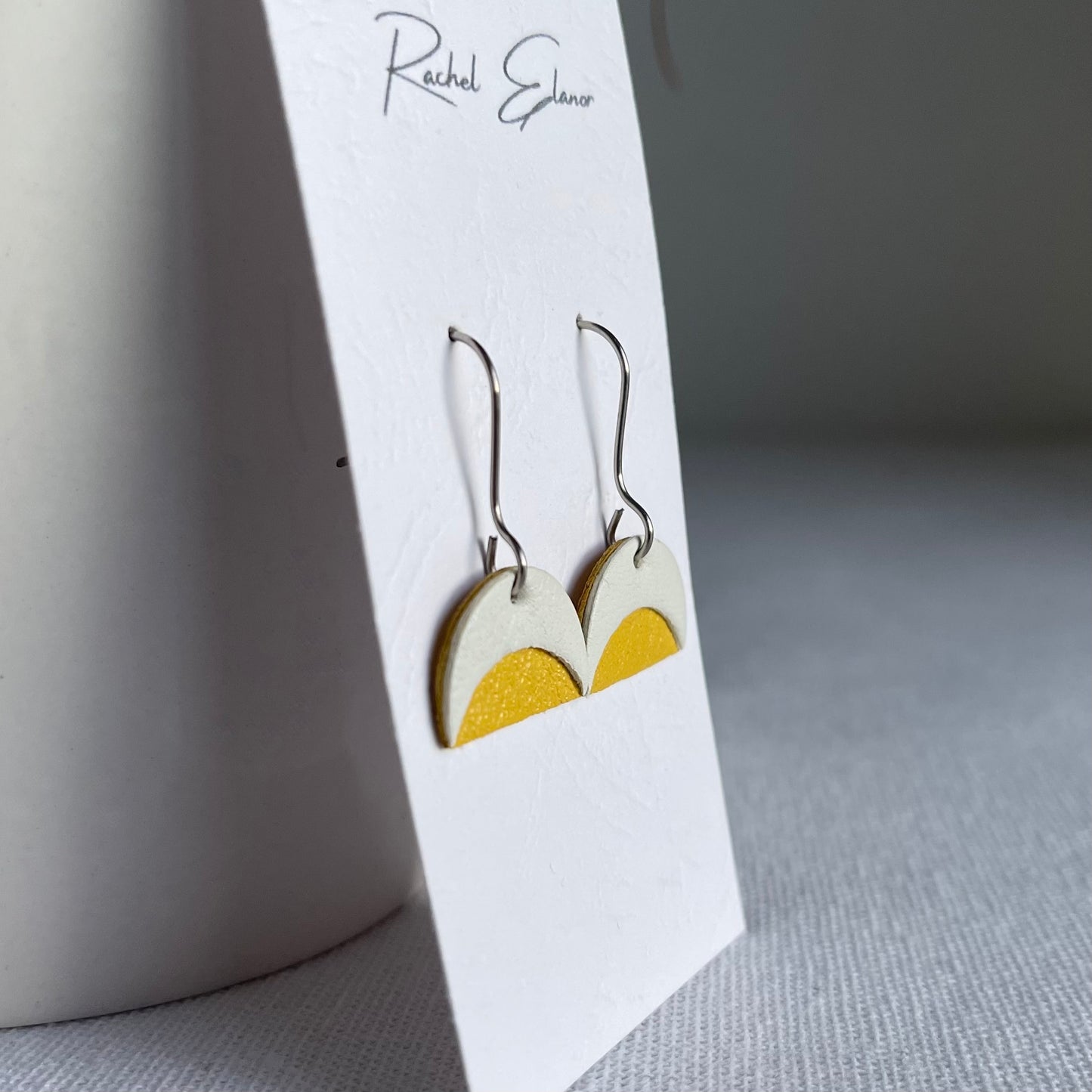 Yellow/White Leather Crescent Drop Earrings