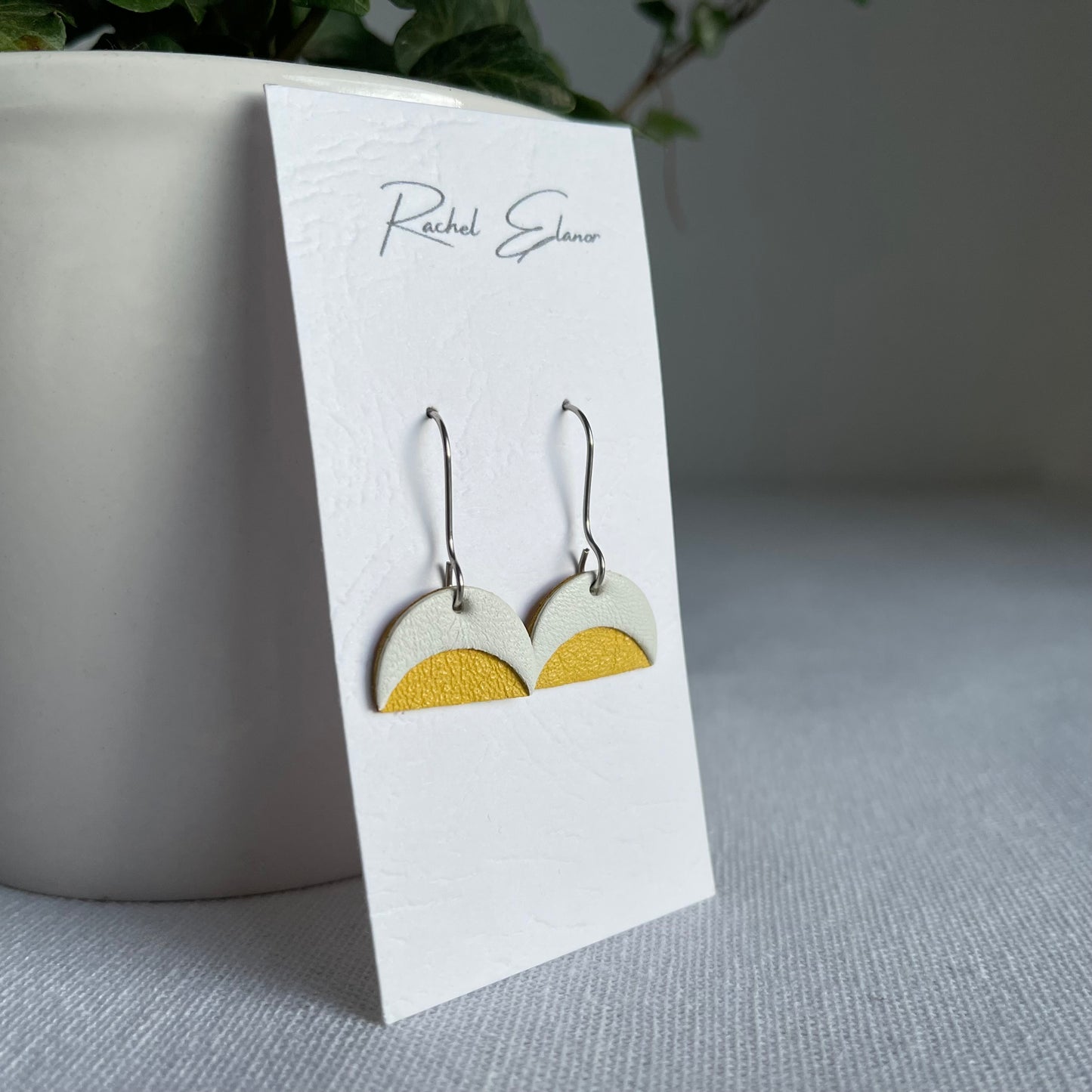 Yellow/White Leather Crescent Drop Earrings