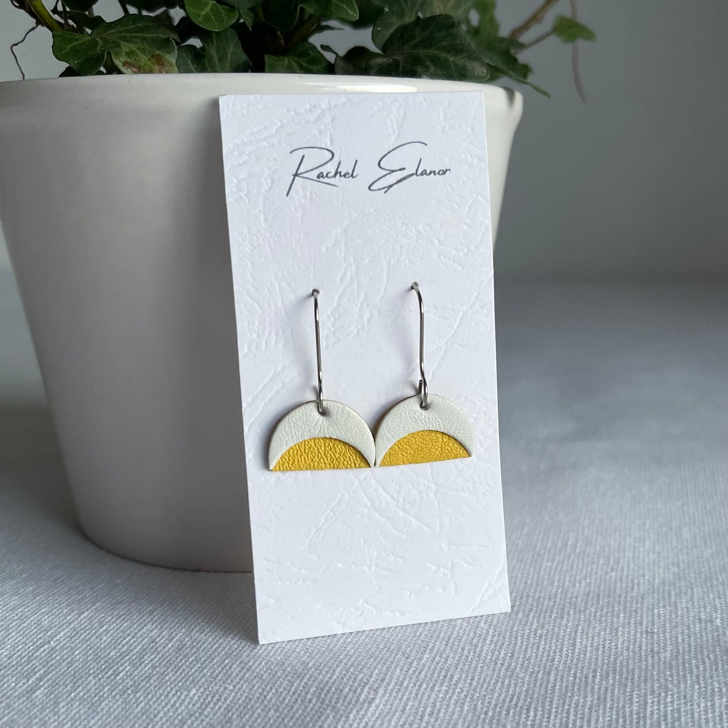 Yellow/White Leather Crescent Drop Earrings
