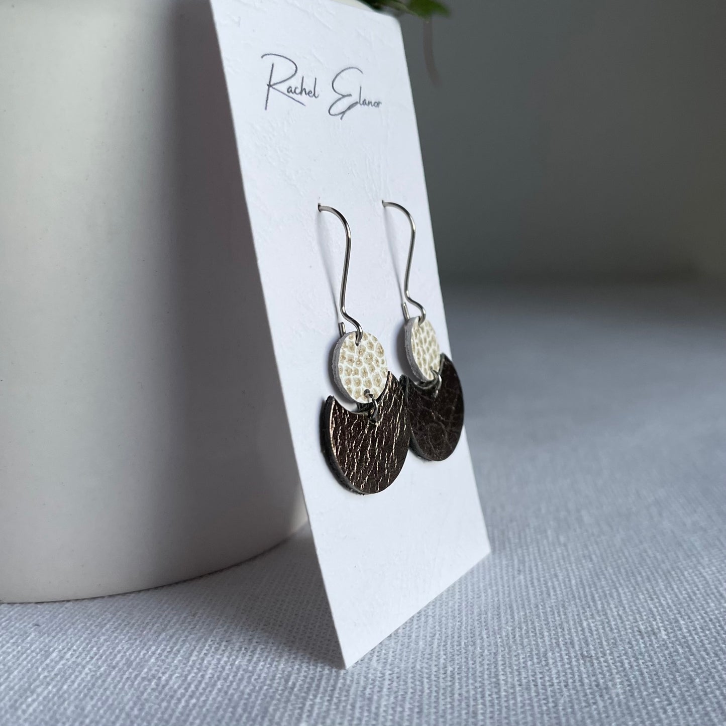 Metallic Pewter/White and Gold Geometric Leather Drop Earrings