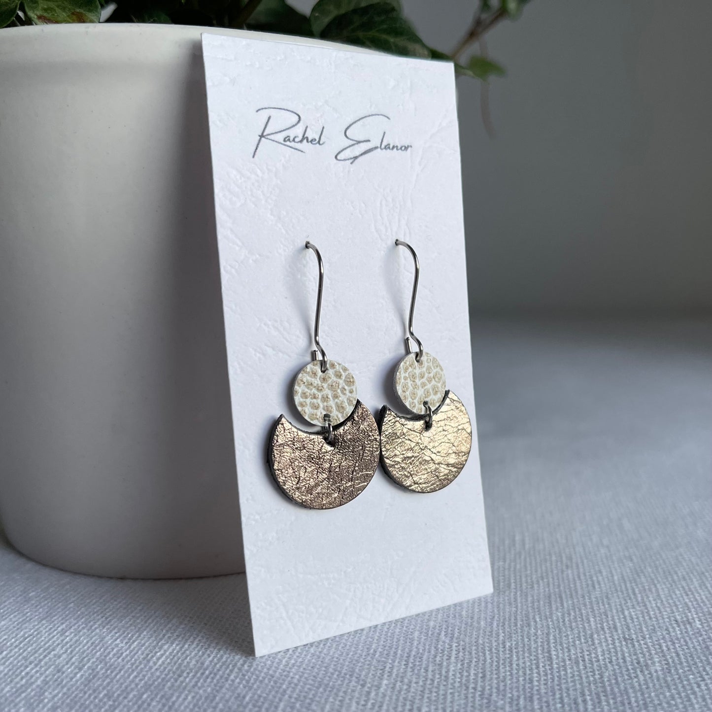 Metallic Pewter/White and Gold Geometric Leather Drop Earrings